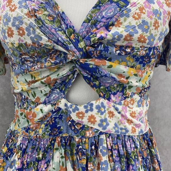 Angie Womens L Floral Smocked Peakaboo Cutout Babydoll Dress Boho Garden Fairy - Picture 6 of 9